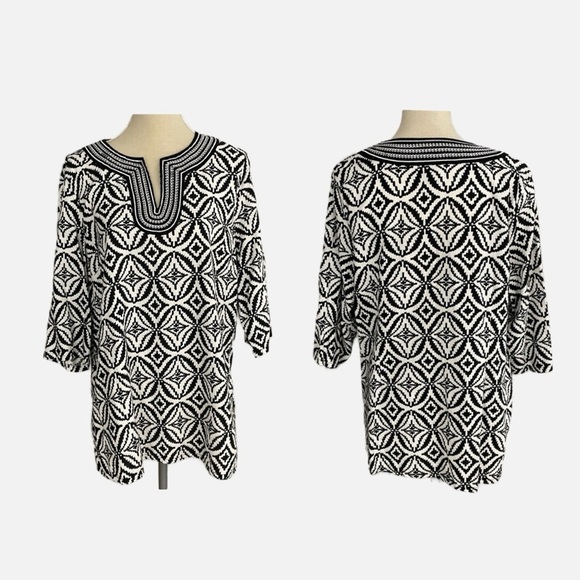 Marisa Christina Woman Tunic Top Size 1X Black White Linen Embroidered V-Neck - Picture 1 of 12